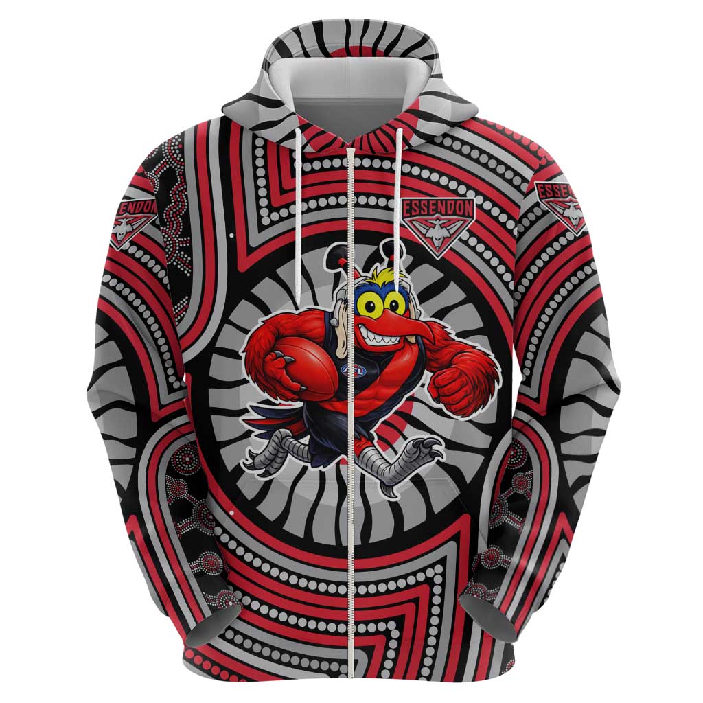 Essendon Football Club Zip Hoodie Indigenous Monochrome Dot Art Mascot Style