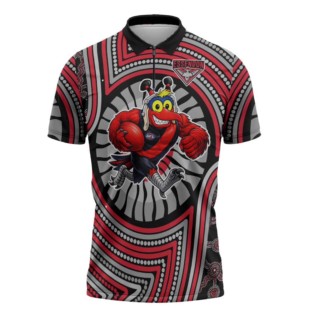 Essendon Football Club Zipper Polo Shirt Indigenous Monochrome Dot Art Mascot Style