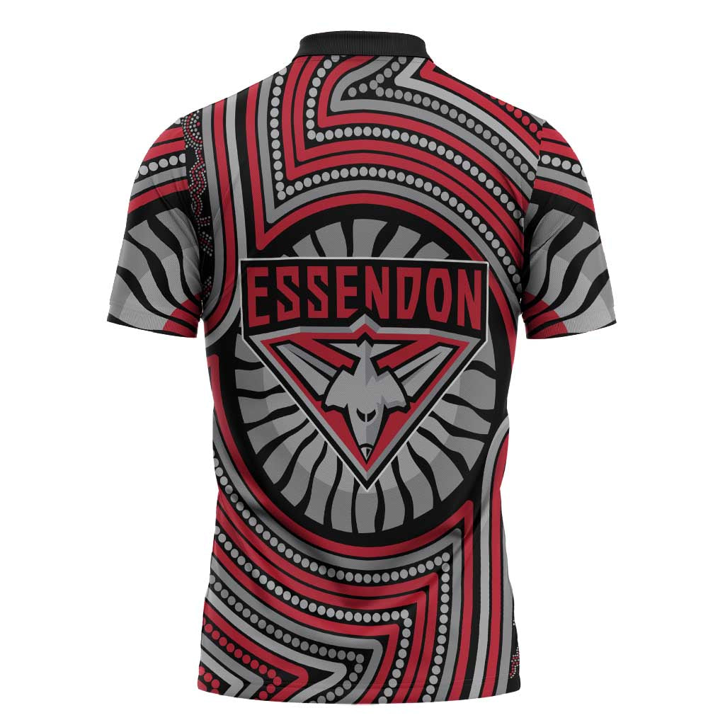 Essendon Football Club Zipper Polo Shirt Indigenous Monochrome Dot Art Mascot Style