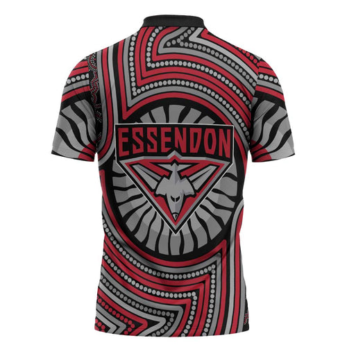 Essendon Football Club Zipper Polo Shirt Indigenous Monochrome Dot Art Mascot Style