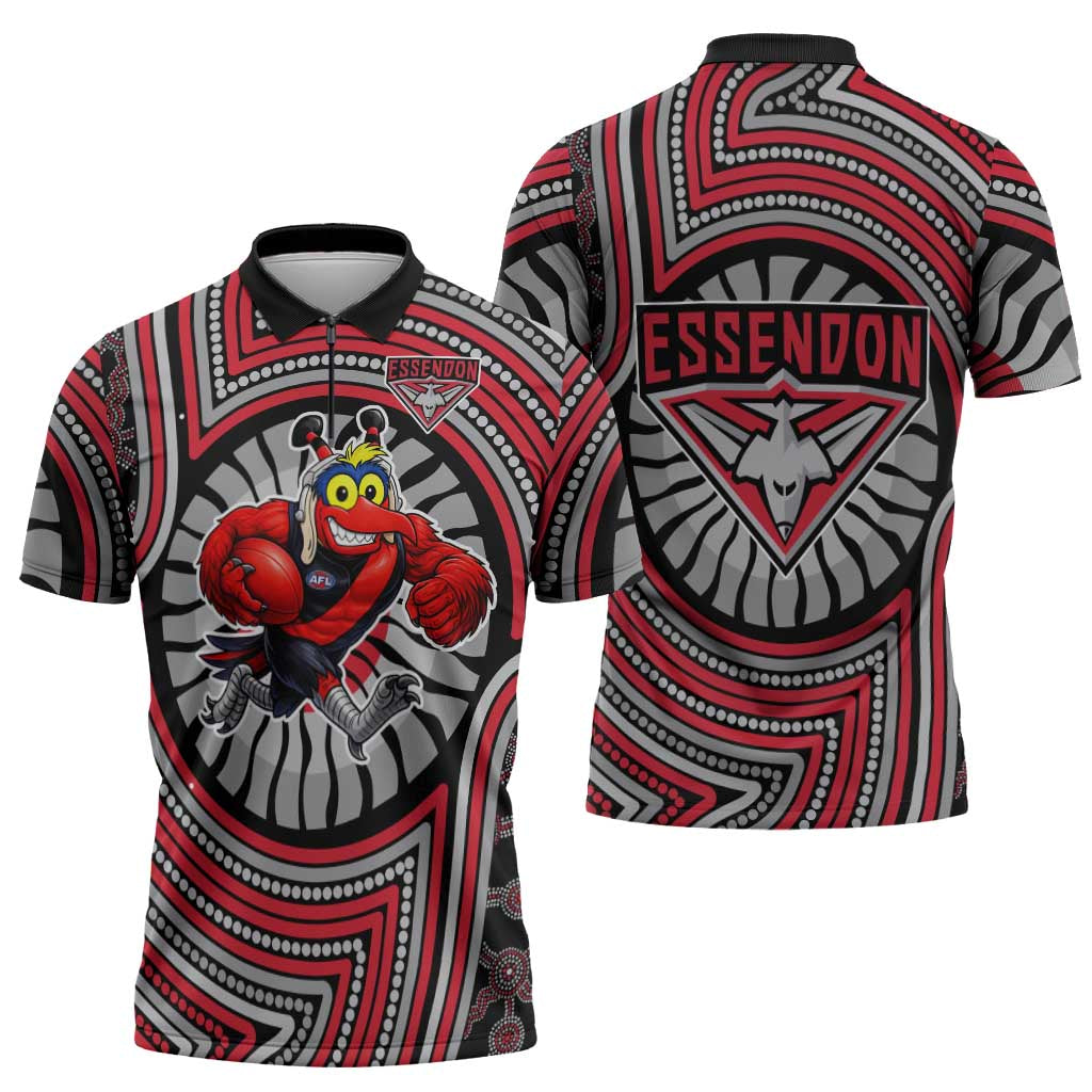 Essendon Football Club Zipper Polo Shirt Indigenous Monochrome Dot Art Mascot Style