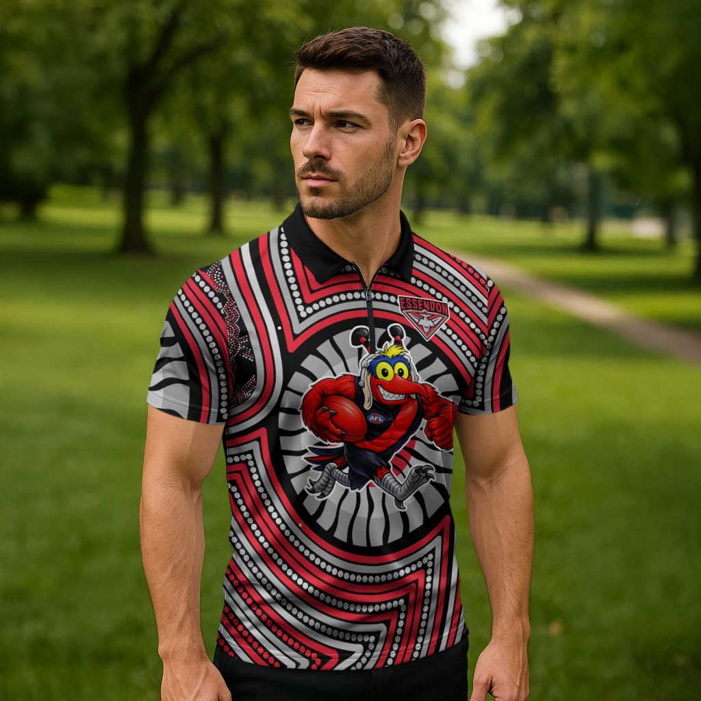 Essendon Football Club Zipper Polo Shirt Indigenous Monochrome Dot Art Mascot Style