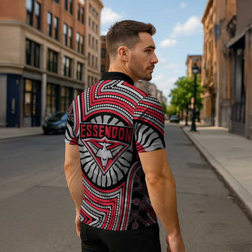 Essendon Football Club Zipper Polo Shirt Indigenous Monochrome Dot Art Mascot Style