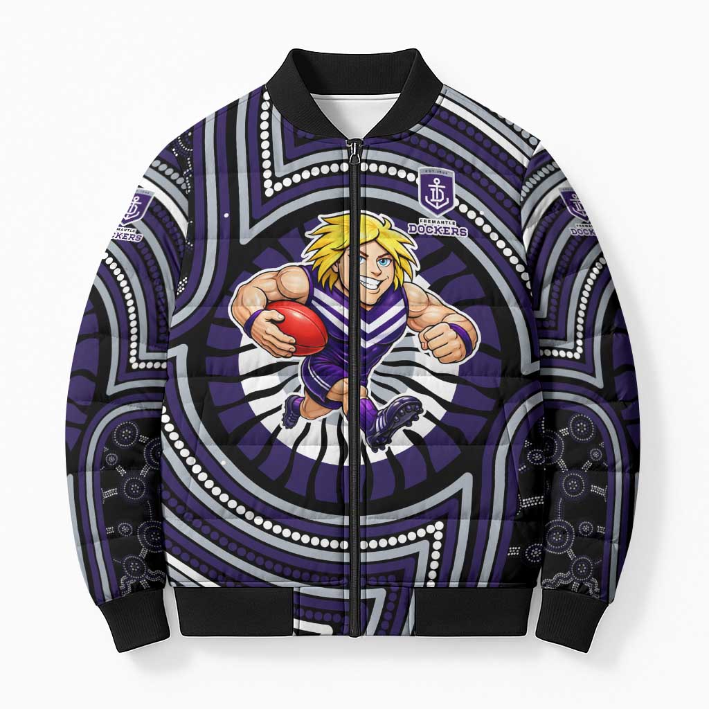 Fremantle Dockers Bomber Puffer Jacket Indigenous Monochrome Dot Art Mascot Style