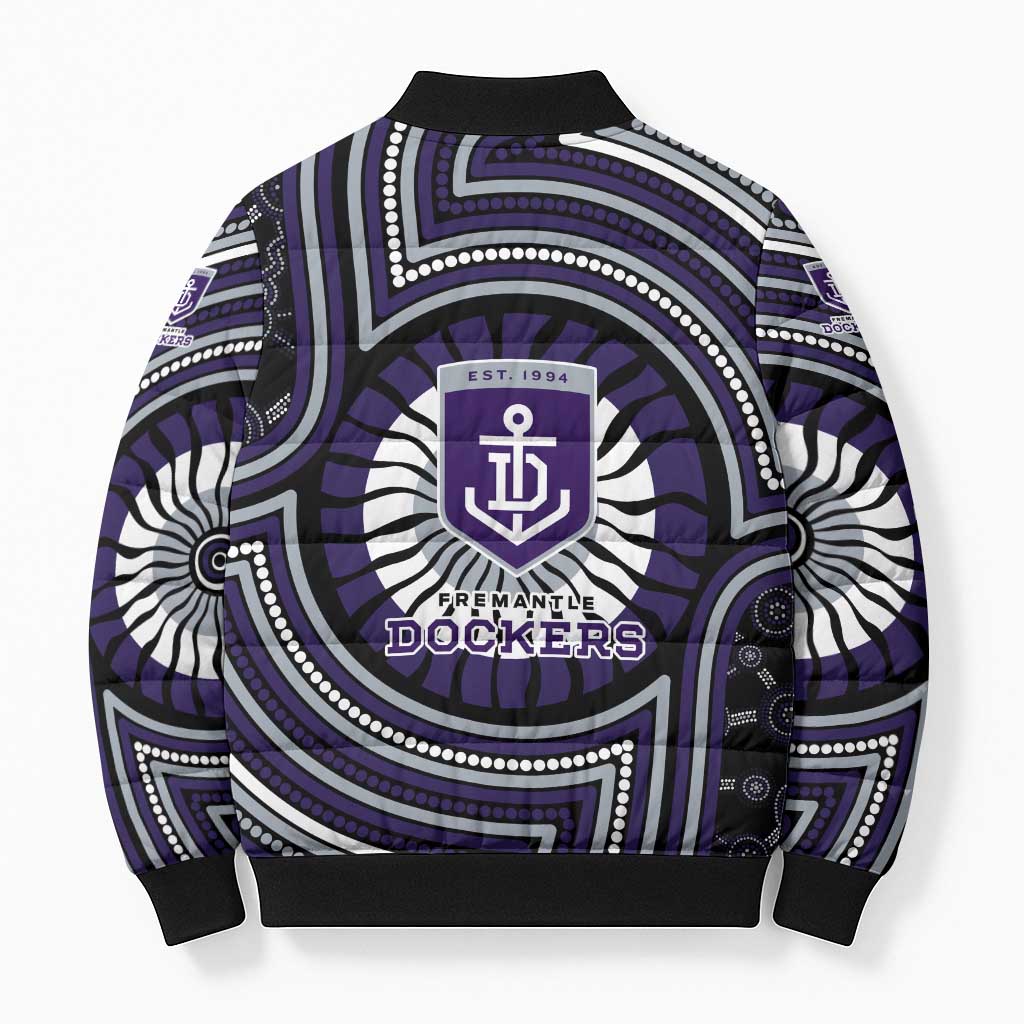 Fremantle Dockers Bomber Puffer Jacket Indigenous Monochrome Dot Art Mascot Style