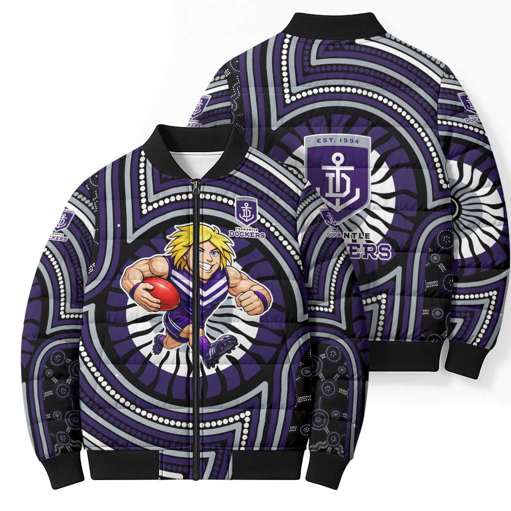 Fremantle Dockers Bomber Puffer Jacket Indigenous Monochrome Dot Art Mascot Style