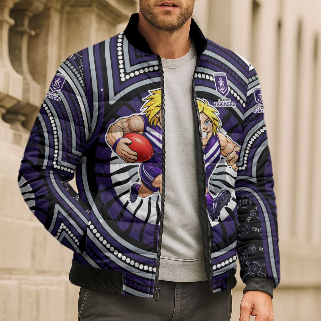 Fremantle Dockers Bomber Puffer Jacket Indigenous Monochrome Dot Art Mascot Style