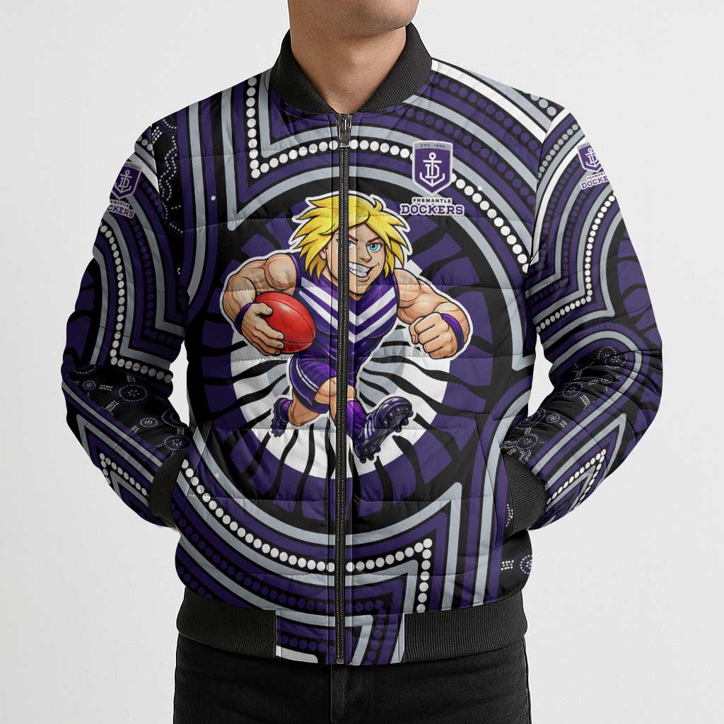 Fremantle Dockers Bomber Puffer Jacket Indigenous Monochrome Dot Art Mascot Style