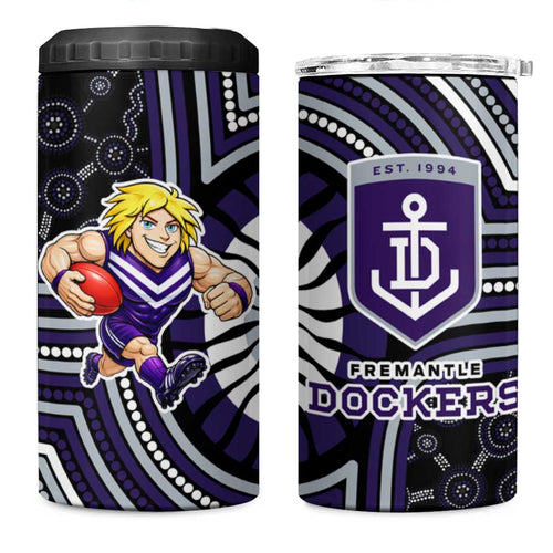 Fremantle Dockers 4 in 1 Can Cooler Tumbler Indigenous Monochrome Dot Art Mascot Style