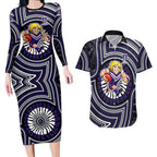 Fremantle Dockers Couples Matching Long Sleeve Bodycon Dress and Hawaiian Shirt Indigenous Monochrome Dot Art Mascot Style