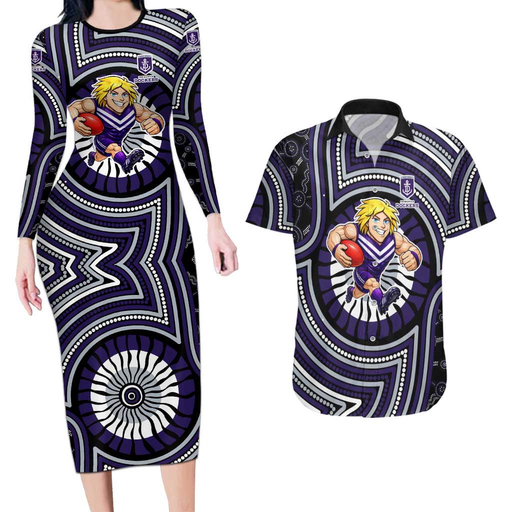 Fremantle Dockers Couples Matching Long Sleeve Bodycon Dress and Hawaiian Shirt Indigenous Monochrome Dot Art Mascot Style