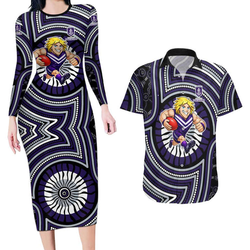 Fremantle Dockers Couples Matching Long Sleeve Bodycon Dress and Hawaiian Shirt Indigenous Monochrome Dot Art Mascot Style