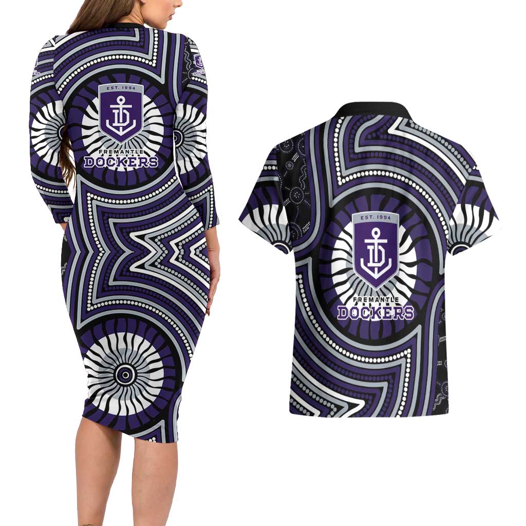 Fremantle Dockers Couples Matching Long Sleeve Bodycon Dress and Hawaiian Shirt Indigenous Monochrome Dot Art Mascot Style
