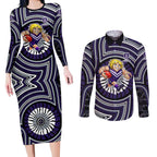 Fremantle Dockers Couples Matching Long Sleeve Bodycon Dress and Long Sleeve Button Shirt Indigenous Monochrome Dot Art Mascot Style
