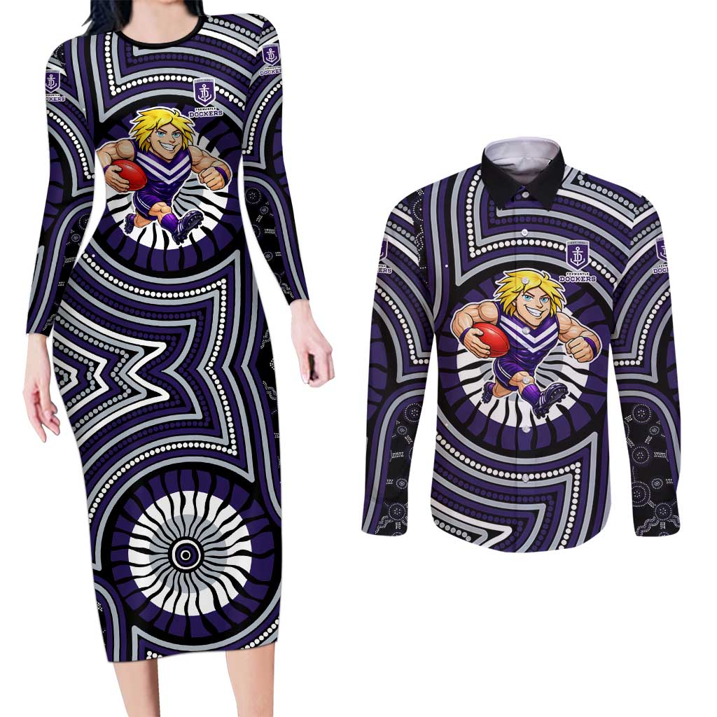 Fremantle Dockers Couples Matching Long Sleeve Bodycon Dress and Long Sleeve Button Shirt Indigenous Monochrome Dot Art Mascot Style