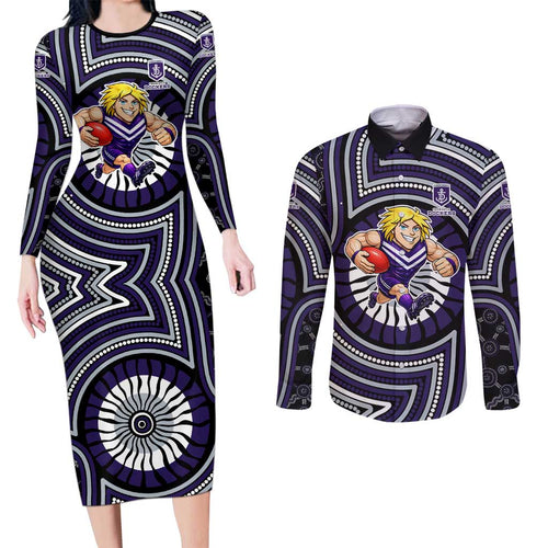 Fremantle Dockers Couples Matching Long Sleeve Bodycon Dress and Long Sleeve Button Shirt Indigenous Monochrome Dot Art Mascot Style