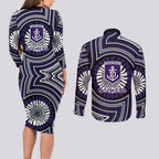 Fremantle Dockers Couples Matching Long Sleeve Bodycon Dress and Long Sleeve Button Shirt Indigenous Monochrome Dot Art Mascot Style