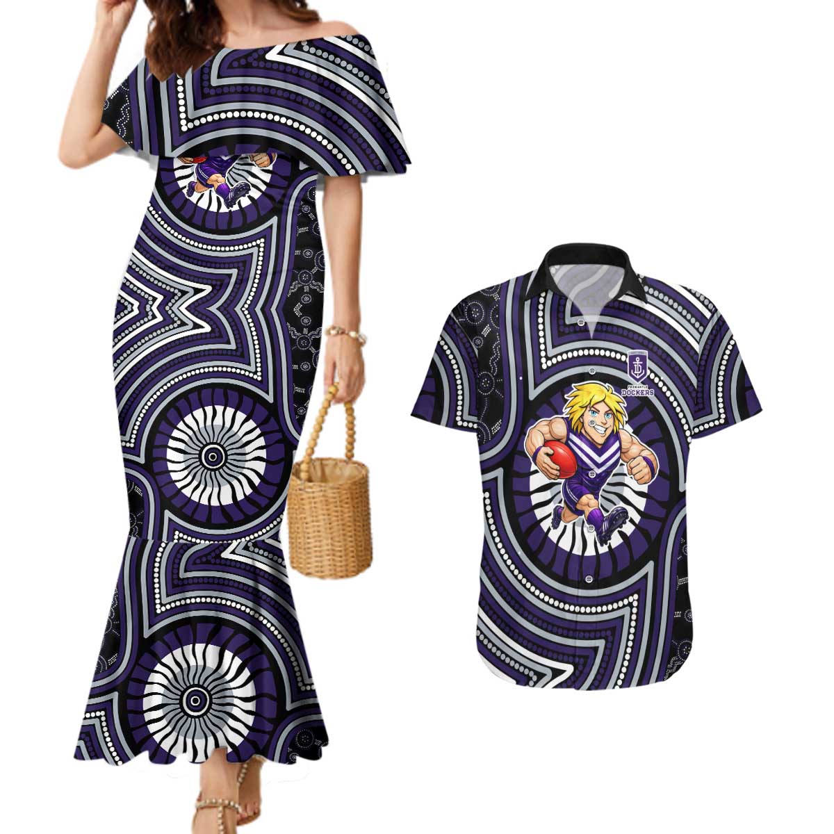 Fremantle Dockers Couples Matching Mermaid Dress and Hawaiian Shirt Indigenous Monochrome Dot Art Mascot Style
