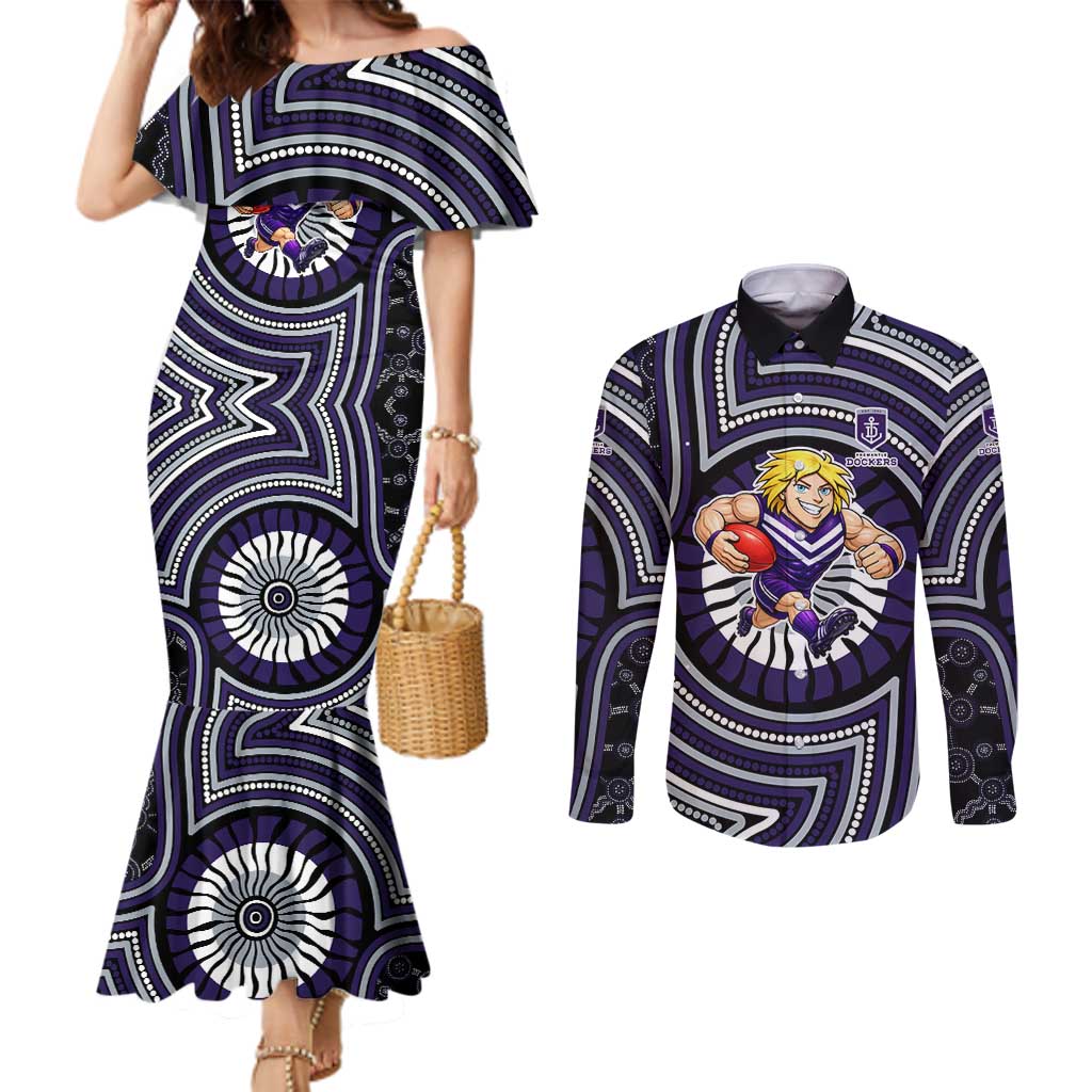 Fremantle Dockers Couples Matching Mermaid Dress and Long Sleeve Button Shirt Indigenous Monochrome Dot Art Mascot Style