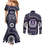 Fremantle Dockers Couples Matching Mermaid Dress and Long Sleeve Button Shirt Indigenous Monochrome Dot Art Mascot Style