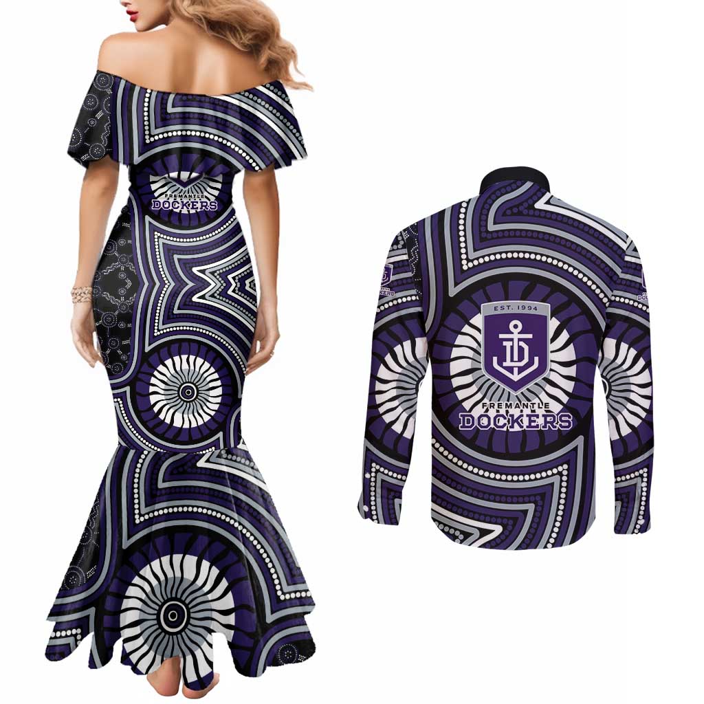 Fremantle Dockers Couples Matching Mermaid Dress and Long Sleeve Button Shirt Indigenous Monochrome Dot Art Mascot Style