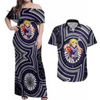 Fremantle Dockers Couples Matching Off Shoulder Maxi Dress and Hawaiian Shirt Indigenous Monochrome Dot Art Mascot Style