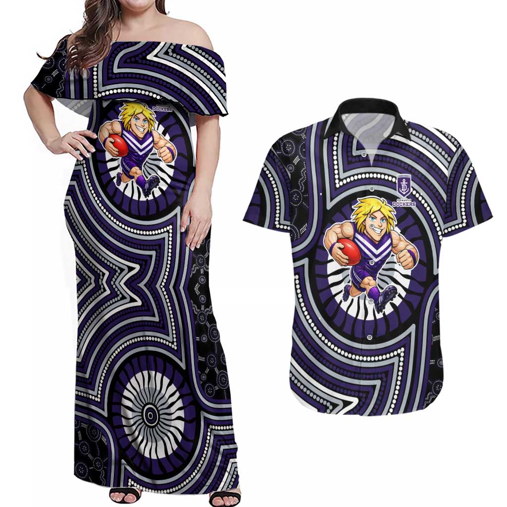 Fremantle Dockers Couples Matching Off Shoulder Maxi Dress and Hawaiian Shirt Indigenous Monochrome Dot Art Mascot Style