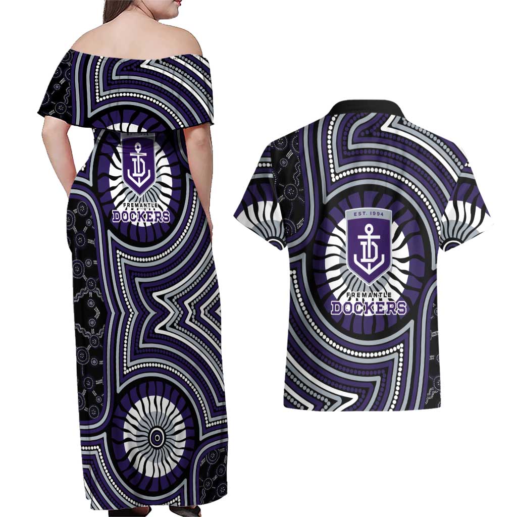 Fremantle Dockers Couples Matching Off Shoulder Maxi Dress and Hawaiian Shirt Indigenous Monochrome Dot Art Mascot Style