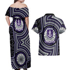 Fremantle Dockers Couples Matching Off Shoulder Maxi Dress and Hawaiian Shirt Indigenous Monochrome Dot Art Mascot Style