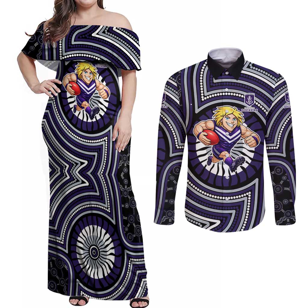 Fremantle Dockers Couples Matching Off Shoulder Maxi Dress and Long Sleeve Button Shirt Indigenous Monochrome Dot Art Mascot Style