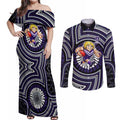 Fremantle Dockers Couples Matching Off Shoulder Maxi Dress and Long Sleeve Button Shirt Indigenous Monochrome Dot Art Mascot Style