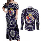 Fremantle Dockers Couples Matching Off Shoulder Maxi Dress and Long Sleeve Button Shirt Indigenous Monochrome Dot Art Mascot Style