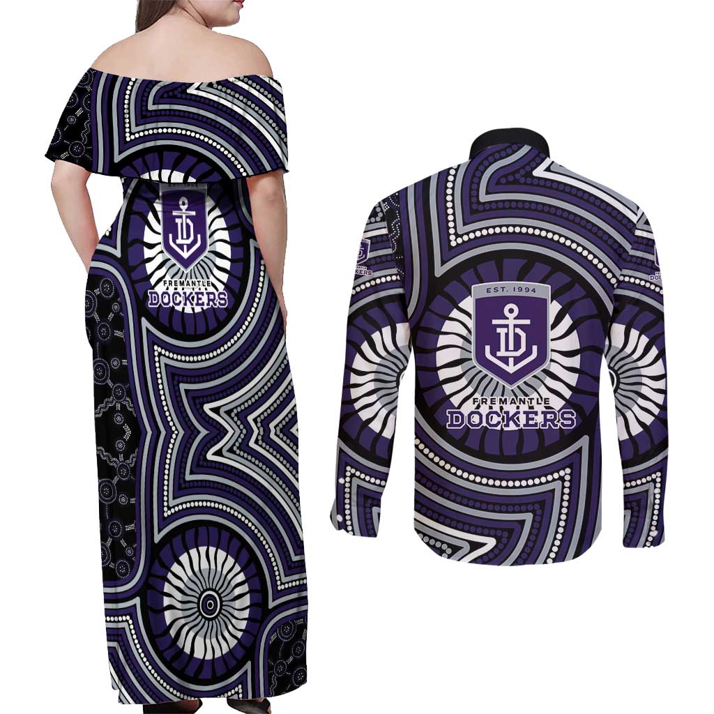 Fremantle Dockers Couples Matching Off Shoulder Maxi Dress and Long Sleeve Button Shirt Indigenous Monochrome Dot Art Mascot Style