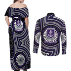 Fremantle Dockers Couples Matching Off Shoulder Maxi Dress and Long Sleeve Button Shirt Indigenous Monochrome Dot Art Mascot Style