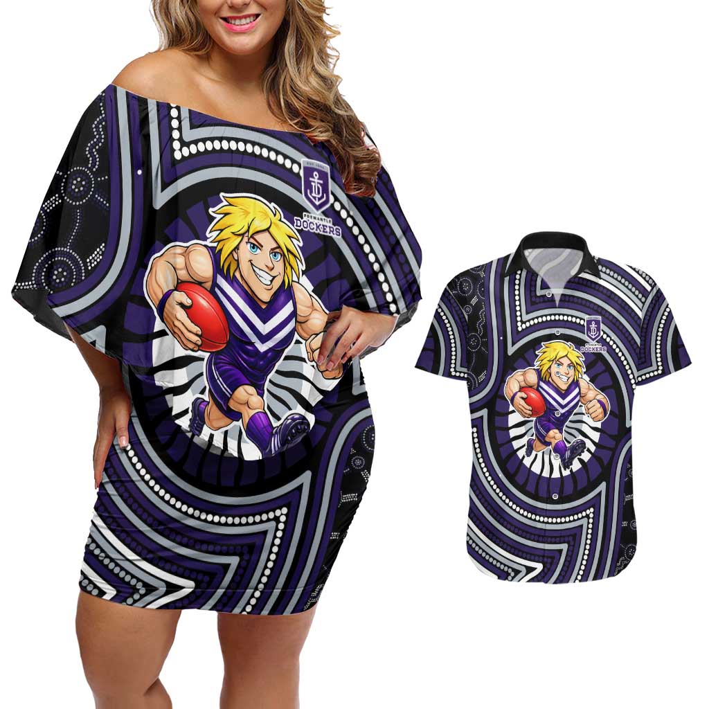 Fremantle Dockers Couples Matching Off Shoulder Short Dress and Hawaiian Shirt Indigenous Monochrome Dot Art Mascot Style
