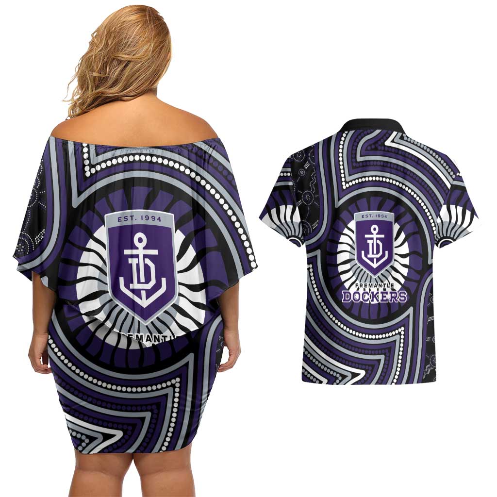 Fremantle Dockers Couples Matching Off Shoulder Short Dress and Hawaiian Shirt Indigenous Monochrome Dot Art Mascot Style