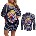Fremantle Dockers Couples Matching Off Shoulder Short Dress and Long Sleeve Button Shirt Indigenous Monochrome Dot Art Mascot Style