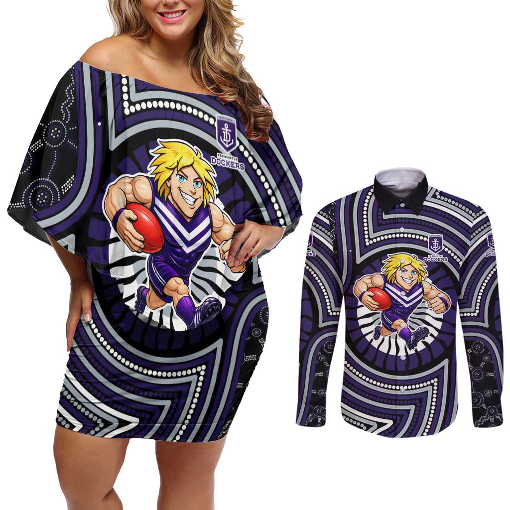 Fremantle Dockers Couples Matching Off Shoulder Short Dress and Long Sleeve Button Shirt Indigenous Monochrome Dot Art Mascot Style