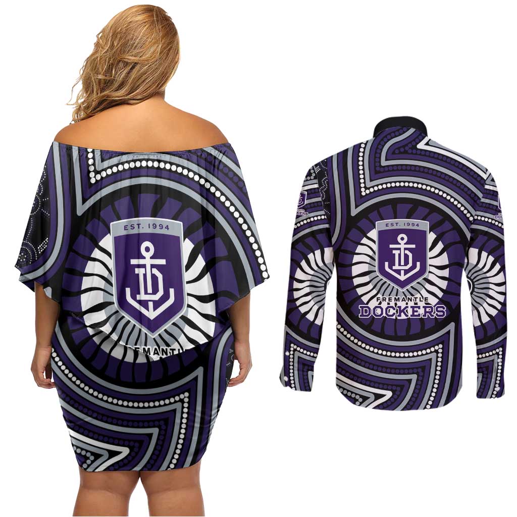 Fremantle Dockers Couples Matching Off Shoulder Short Dress and Long Sleeve Button Shirt Indigenous Monochrome Dot Art Mascot Style