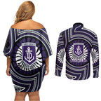 Fremantle Dockers Couples Matching Off Shoulder Short Dress and Long Sleeve Button Shirt Indigenous Monochrome Dot Art Mascot Style