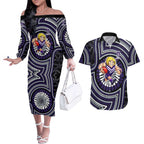 Fremantle Dockers Couples Matching Off The Shoulder Long Sleeve Dress and Hawaiian Shirt Indigenous Monochrome Dot Art Mascot Style