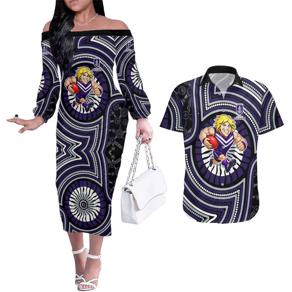 Fremantle Dockers Couples Matching Off The Shoulder Long Sleeve Dress and Hawaiian Shirt Indigenous Monochrome Dot Art Mascot Style