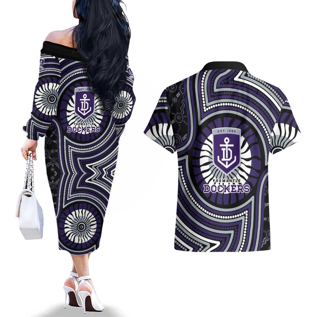 Fremantle Dockers Couples Matching Off The Shoulder Long Sleeve Dress and Hawaiian Shirt Indigenous Monochrome Dot Art Mascot Style