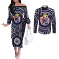 Fremantle Dockers Couples Matching Off The Shoulder Long Sleeve Dress and Long Sleeve Button Shirt Indigenous Monochrome Dot Art Mascot Style