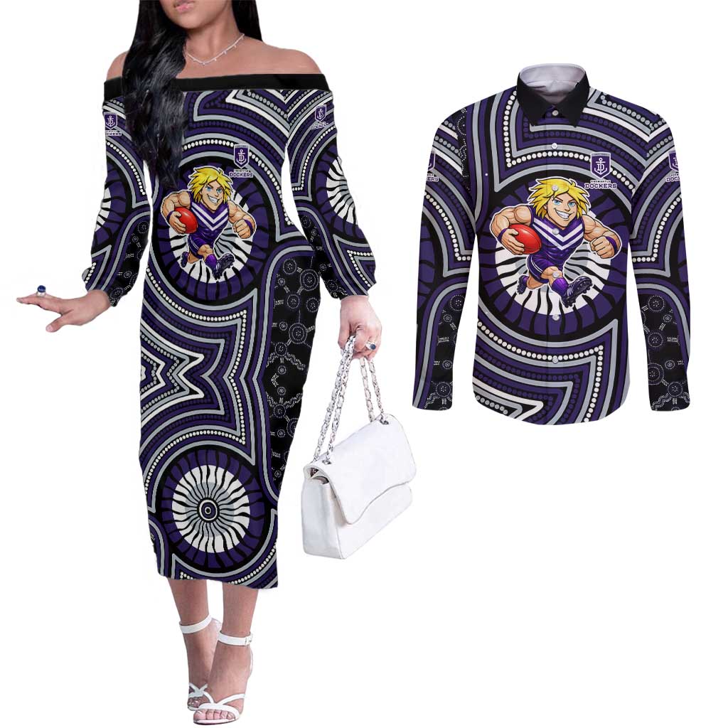 Fremantle Dockers Couples Matching Off The Shoulder Long Sleeve Dress and Long Sleeve Button Shirt Indigenous Monochrome Dot Art Mascot Style
