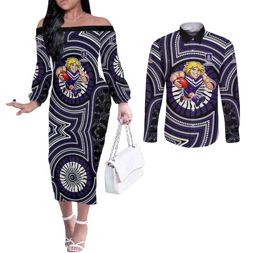 Fremantle Dockers Couples Matching Off The Shoulder Long Sleeve Dress and Long Sleeve Button Shirt Indigenous Monochrome Dot Art Mascot Style