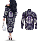 Fremantle Dockers Couples Matching Off The Shoulder Long Sleeve Dress and Long Sleeve Button Shirt Indigenous Monochrome Dot Art Mascot Style