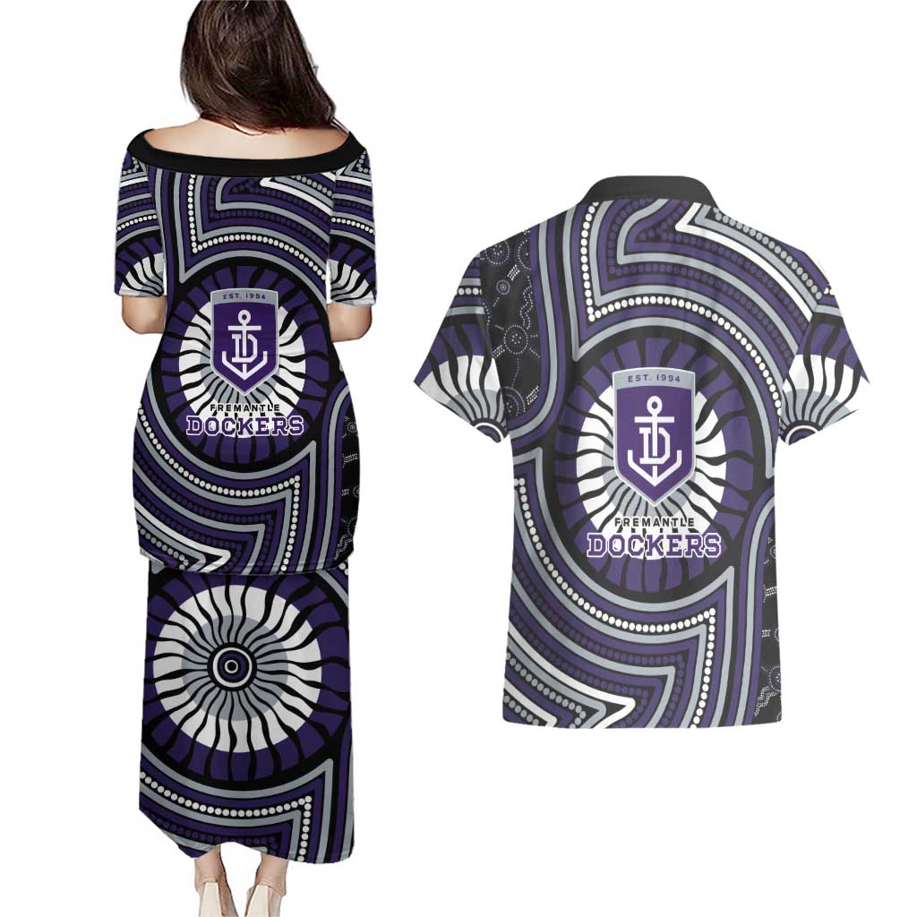 Fremantle Dockers Couples Matching Puletasi and Hawaiian Shirt Indigenous Monochrome Dot Art Mascot Style
