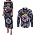 Fremantle Dockers Couples Matching Puletasi and Long Sleeve Button Shirt Indigenous Monochrome Dot Art Mascot Style