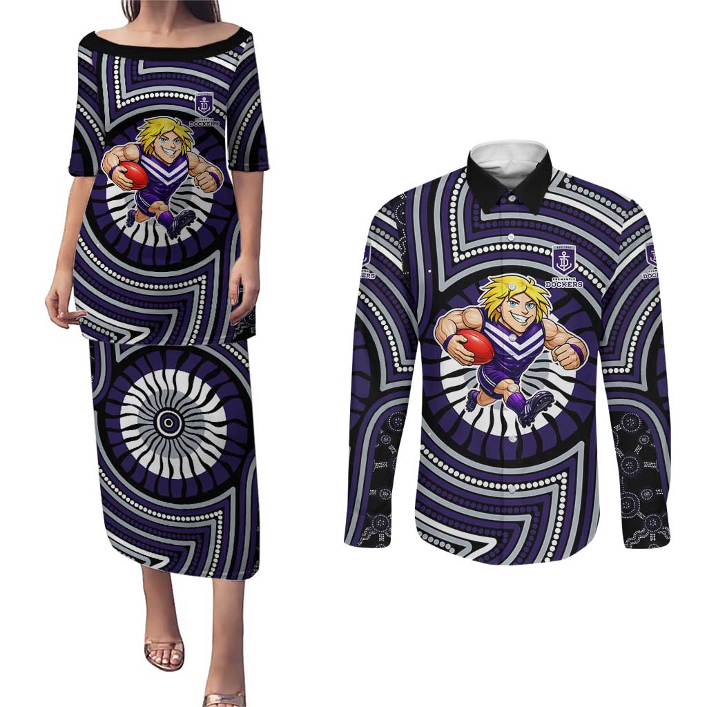 Fremantle Dockers Couples Matching Puletasi and Long Sleeve Button Shirt Indigenous Monochrome Dot Art Mascot Style